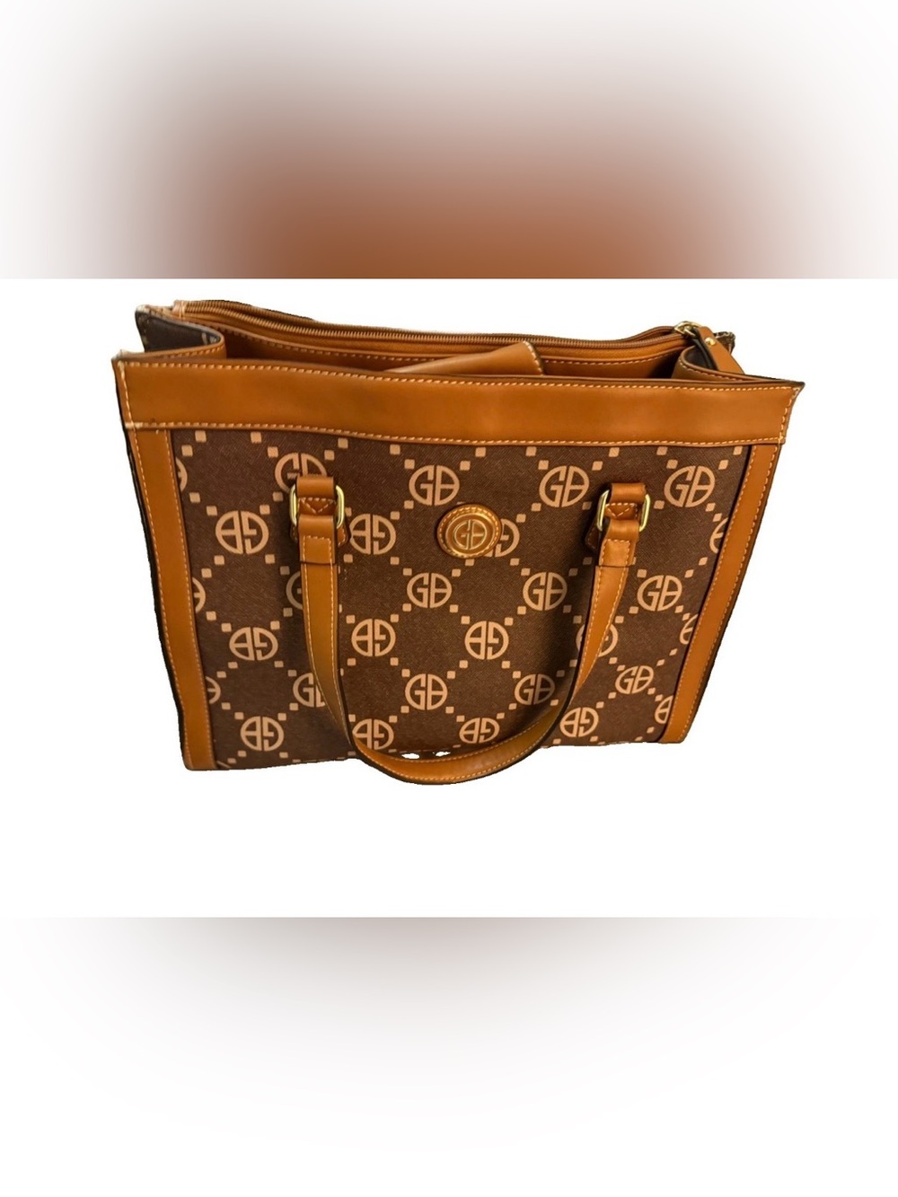 Giani Bernini Brown Tan Monogram Tote Zip Top Double Handles